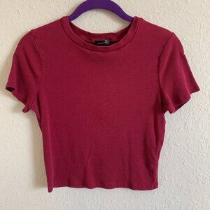 Ovanviso Ribbed Burgundy Crop Short Sleeve Crewneck Knit T-Shirt Top Size L